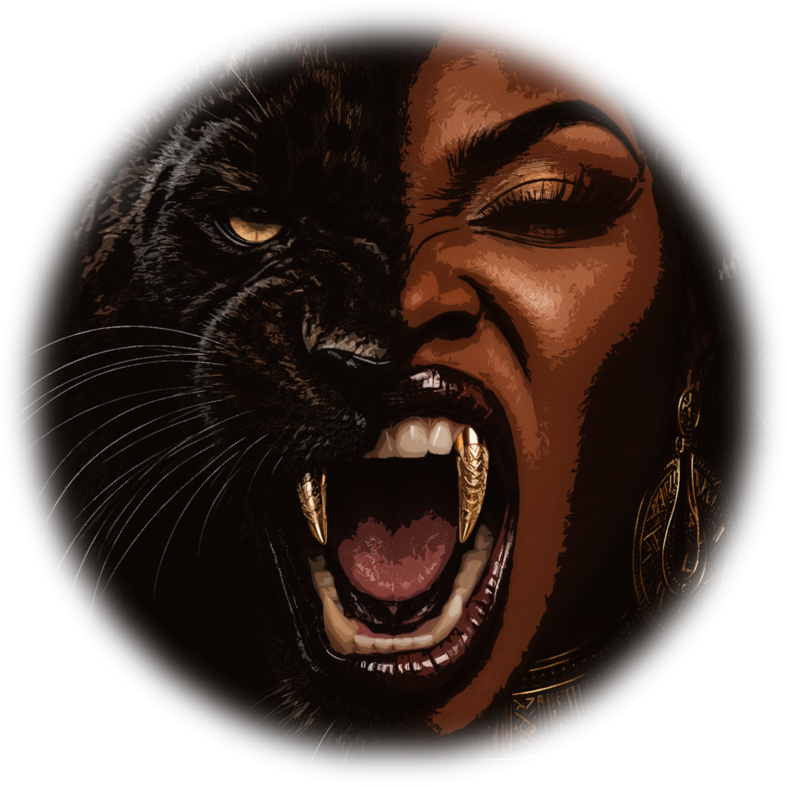 A roaring face split between a black panther and a Black woman, with gold tooth caps on the fangs